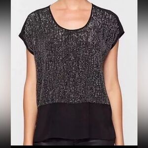 Eileen Fisher Black Sequined Rivulet on Silk Crepe de Chine Top Size XXS  $318